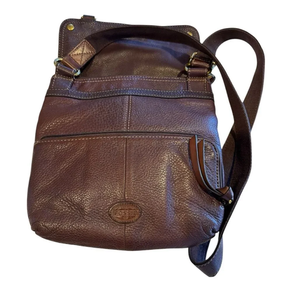 Fossil Vintage Brown Morgan Pebbled Leather Snap Flap & Zip Crossbody Bag